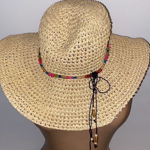 Free Authority Women's Cream Beaded 100% Paper Straw Sun Hat OS - Picture 2 of 6